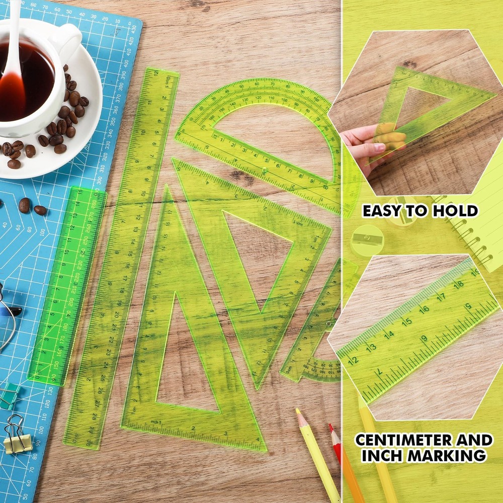 6 Pcs Plastic Ruler Math Set Includes 12 Inch 6 Inch Straight Protractor Triangl