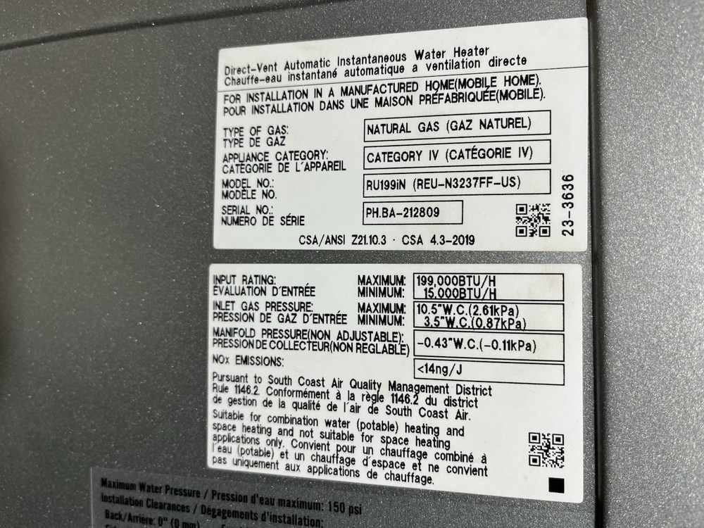 Rinnai RU199iN Indoor Tankless Water Heater 199k BTU Natural Gas (C-26 #1805)