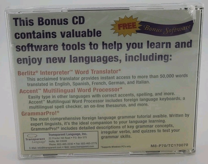 Transparent Language Bonus CD CD-Rom Software *Brand New*