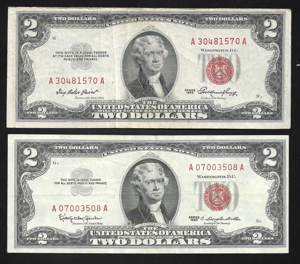US - $2.00 Pair - 1953 & 1963 Notes (Red Seals) VF