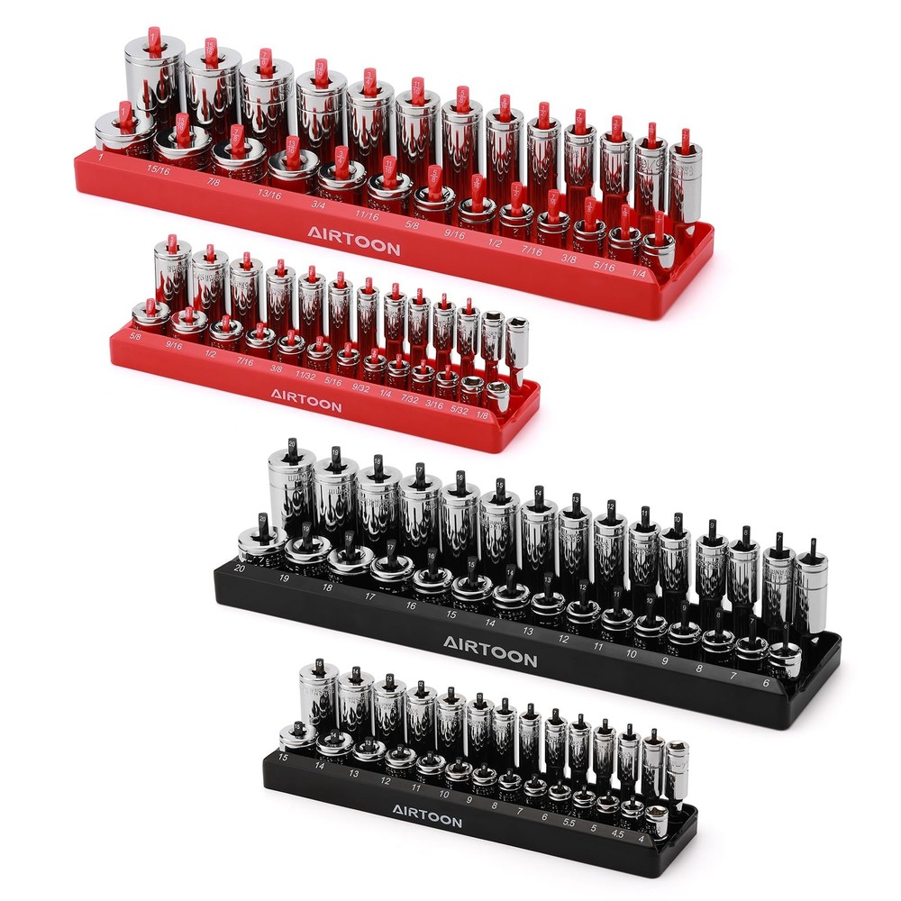 4-Piece Socket Organizer Set - SAE & Metric Holders for Toolboxes, Black & Red