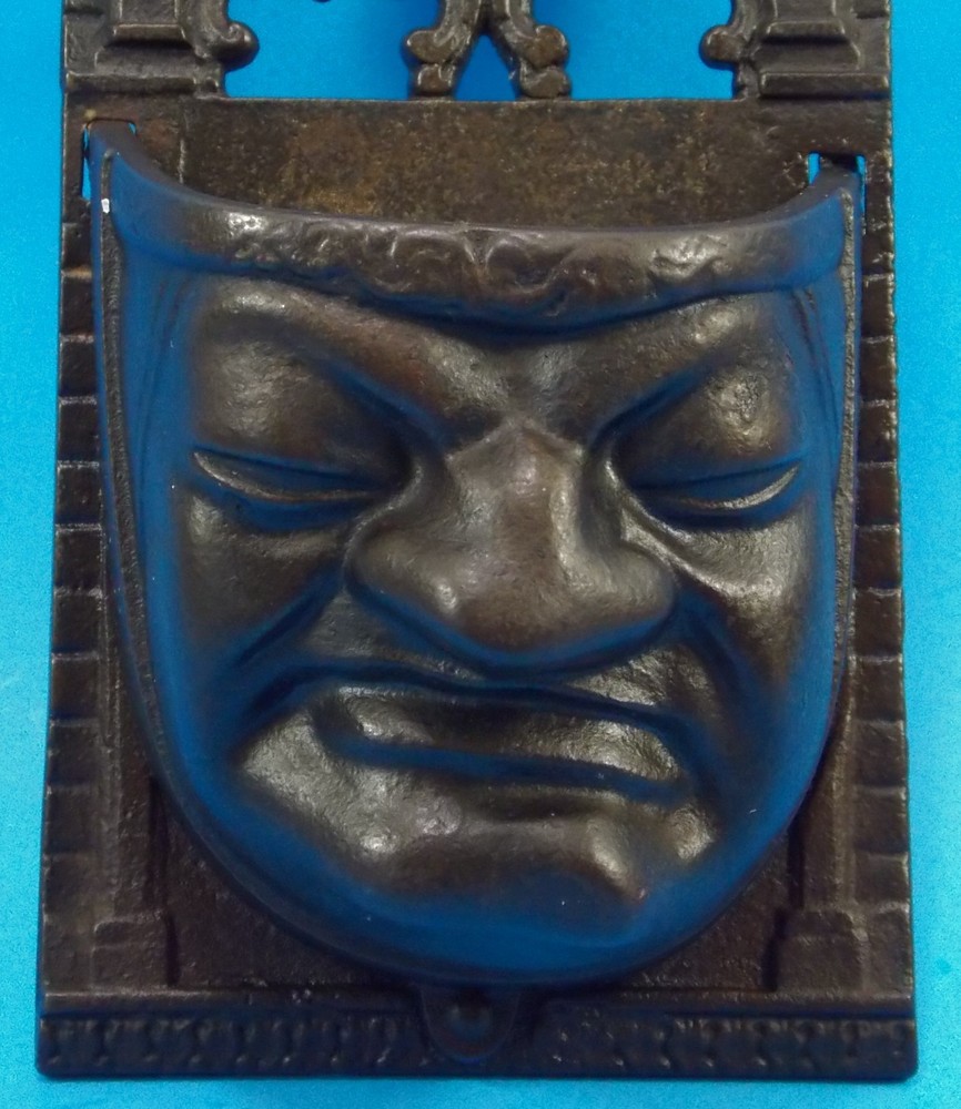 Victorian Cast Iron Match Holder W/Striker Gothic Gargoyle Grumpy Face 7.5"