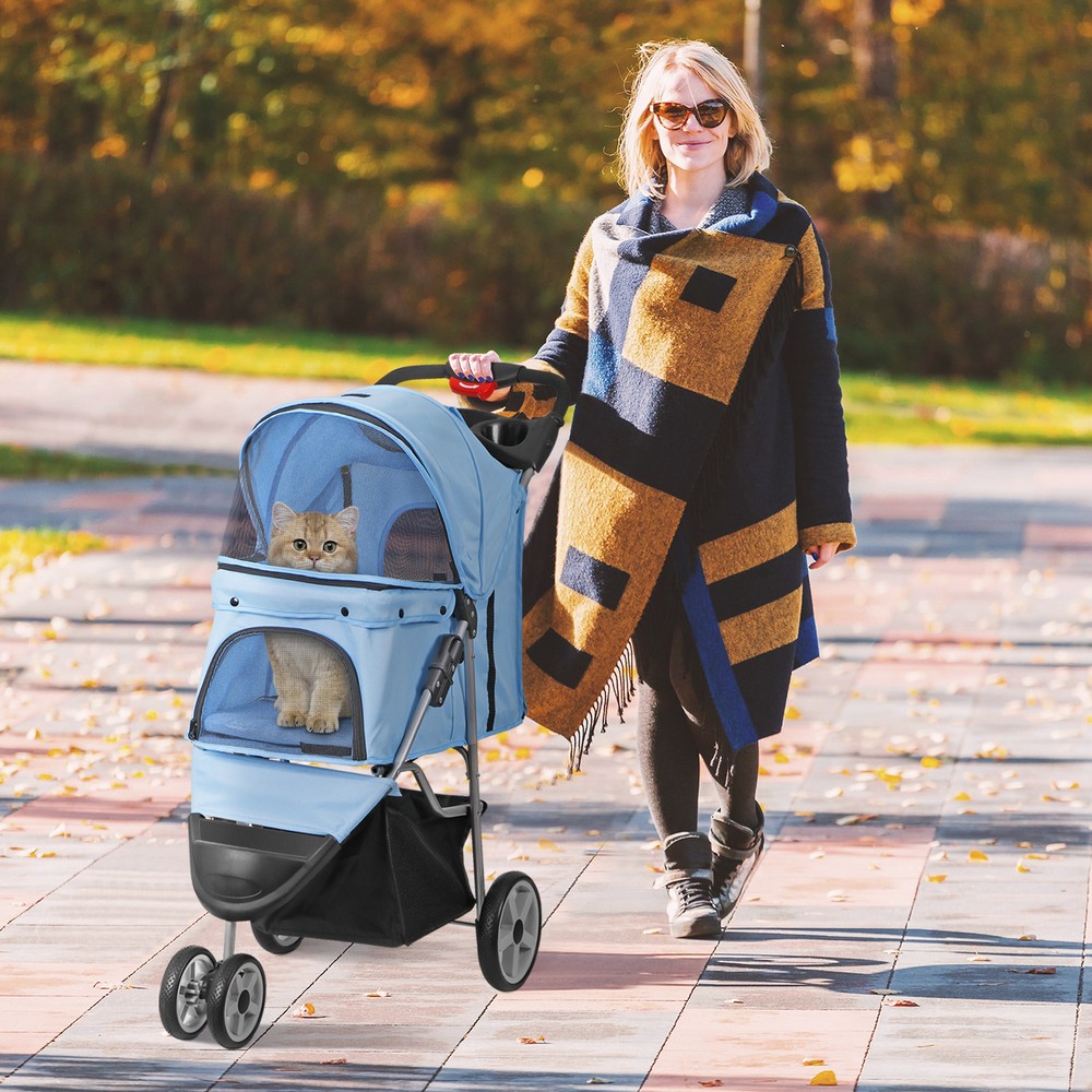 3 Wheels Folding Pet Stroller for Dogs Cats Dog Stroller for Small Medium Blue