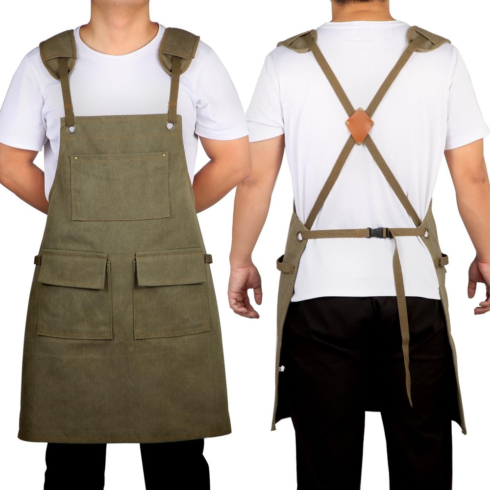 Work Apron with Pockets Thickened Waxed Canvas Apron Extended Adjustable Stra...