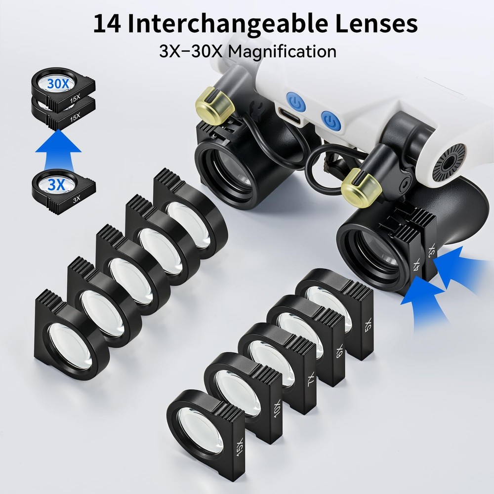 Magnifying Glasses with LED Light, Hands Free Magnifier with 14 Interchangeab...