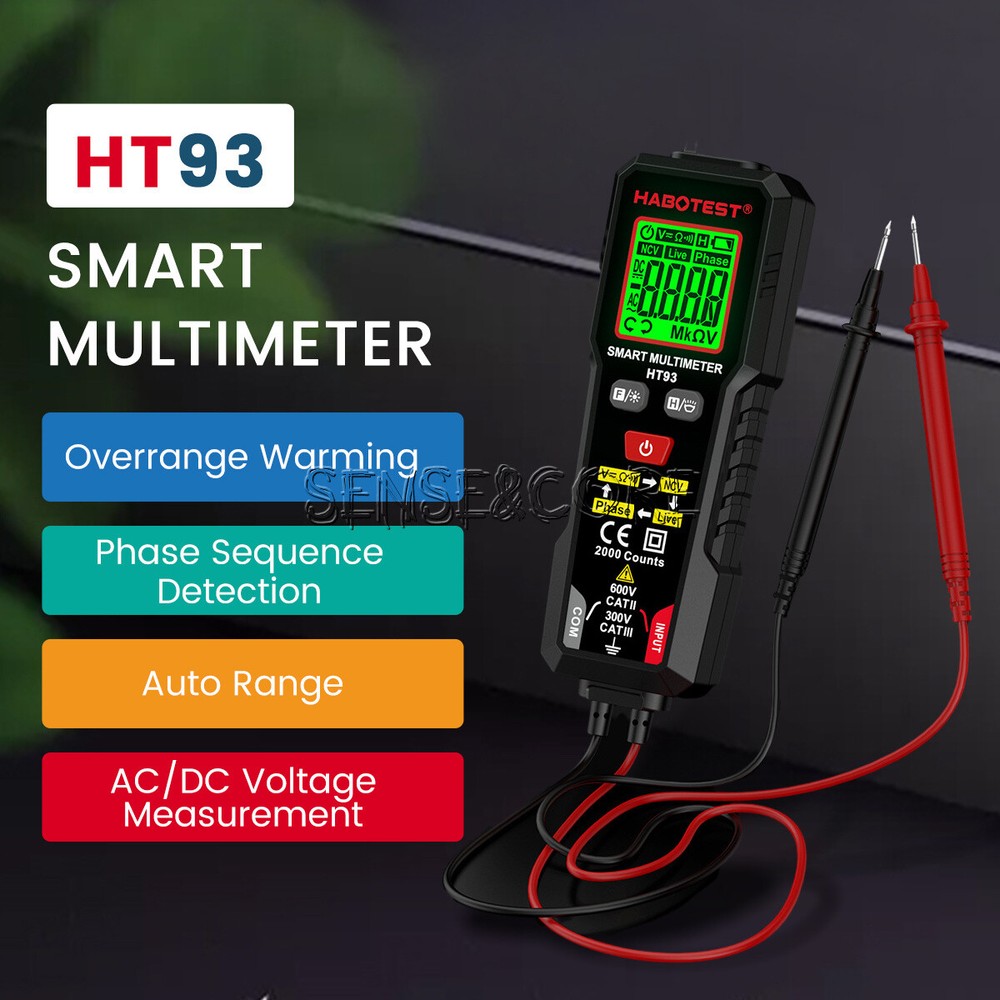 HT93 Digital Multimeter Smart Meter 2000 Counts AC Voltage NCV Tester Car Range-