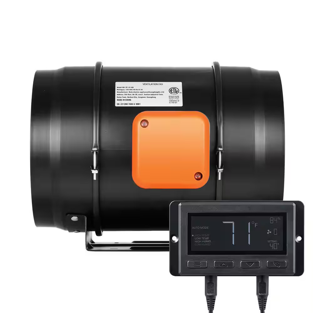 Inline Duct Fan, 8-In. 807 CFM with Temperature Humidity Controller, Quiet Ec-Mo