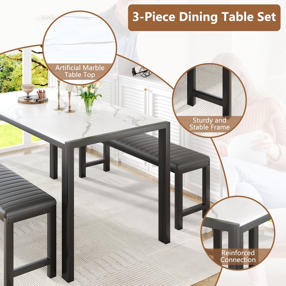 Modern 3-Piece Rectangular Dining Table 2 Upholstered Padded Dining Benches