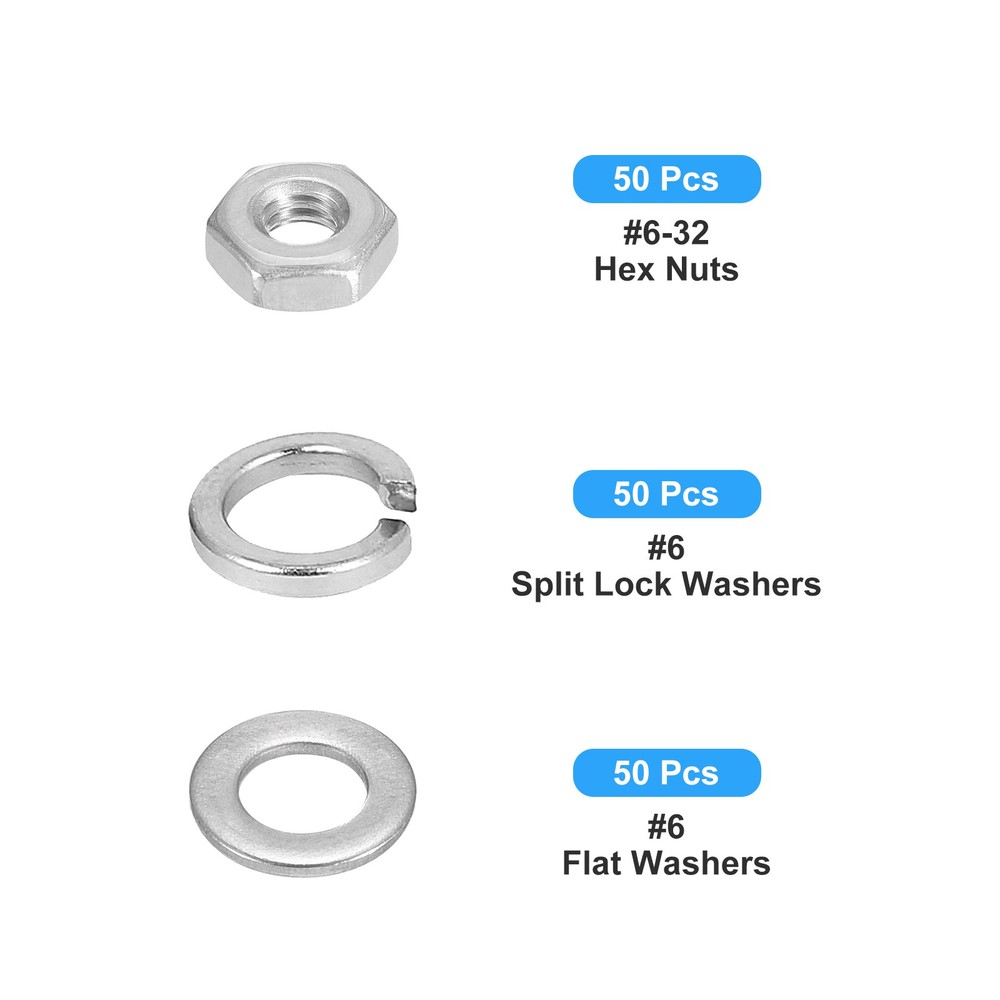Hex Nuts Assortment Kit (#6-32 Hex Nuts with #6 Flat Washers) 150Pcs Kit