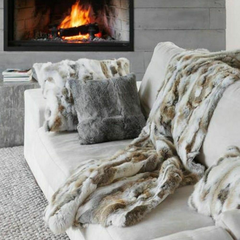 Real Rabbit Fur Throw Patchwork Blanket Winter Soft Warm Leather 43.3" X 21.6"