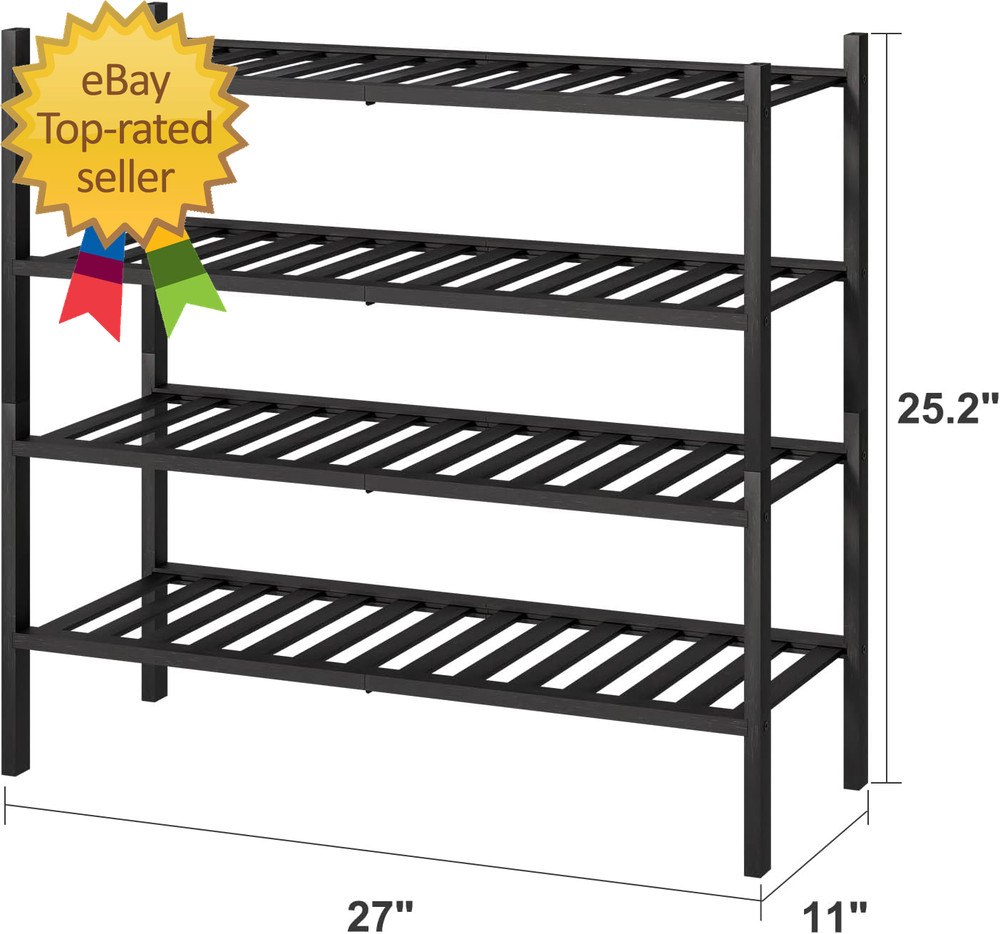 4-Tier Black Bamboo Shoe Rack for Entryway, Stackable | Foldable | Natural, Shoe