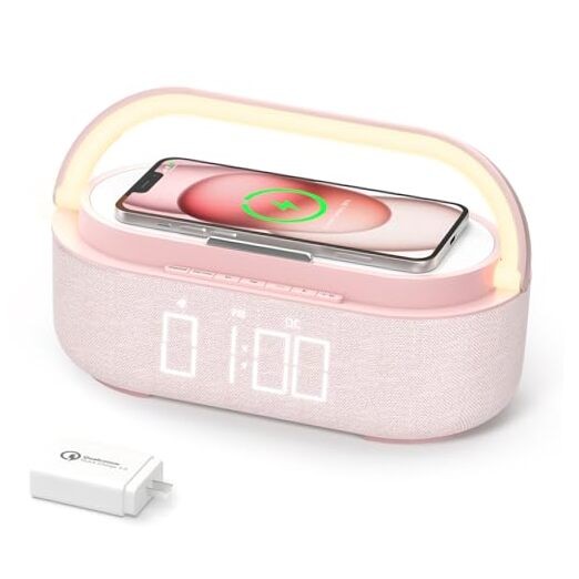 Bluetooth Speaker with Wireless Charger, FM Radio, Dimmable LED Night Pink