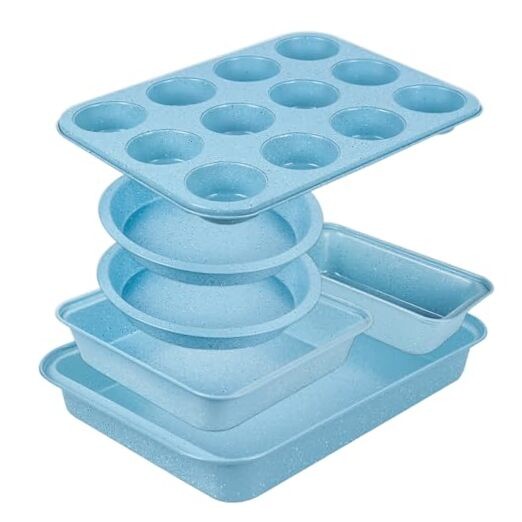 Baking Pans Set Non Stick, Bakeware Sets Stackable, Oven Safe, 6 Piece Set Blue