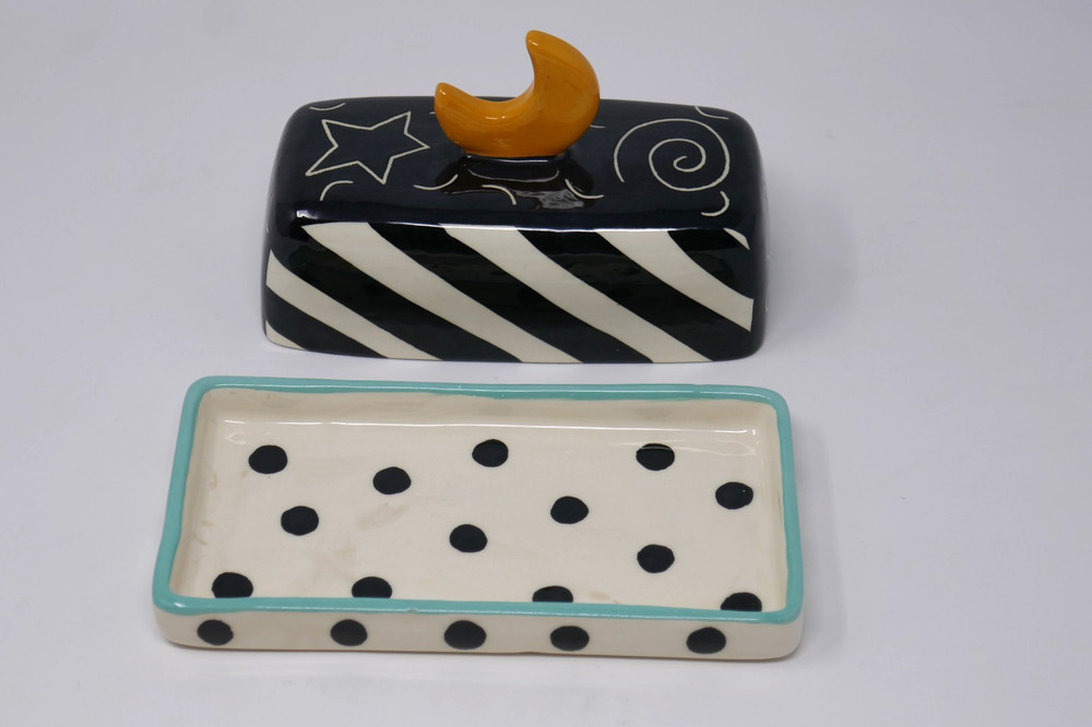Robin Spears Whimsical Stars Moons Ceramic Butter Dish RARE