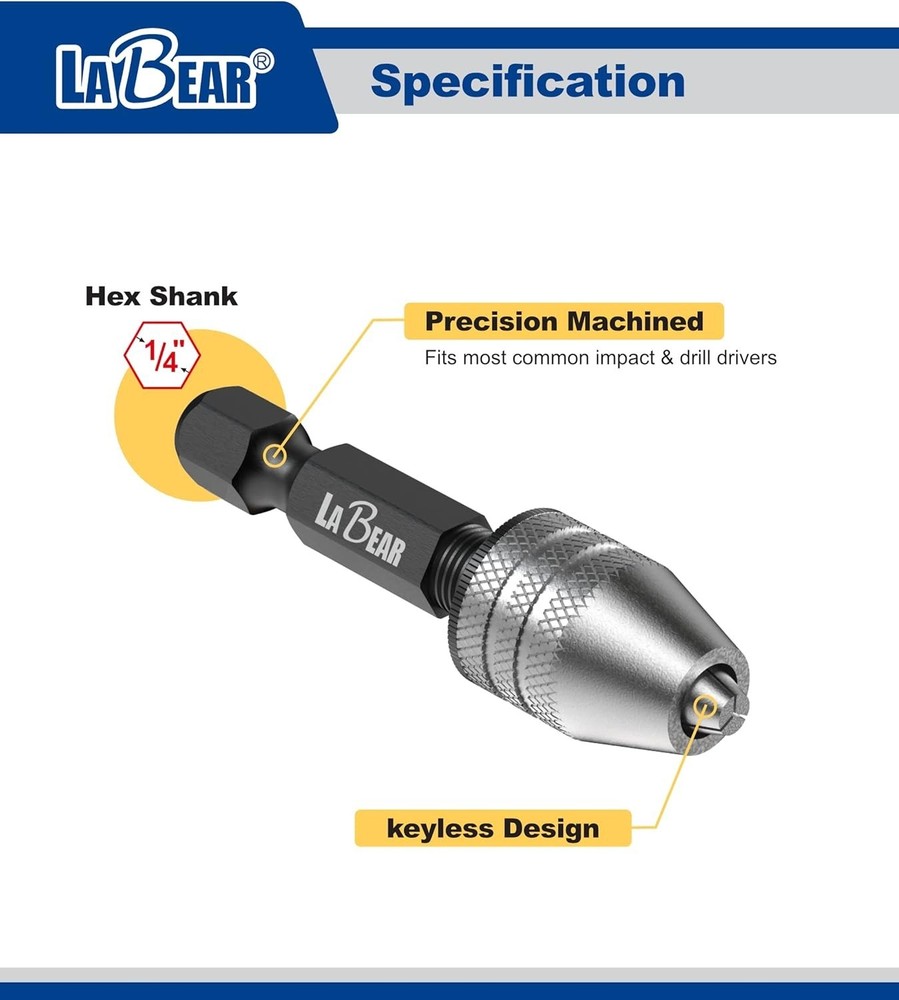 LABEAR - Drill Chuck Keyless Mini Adapter ¼ Inch Hex Shank