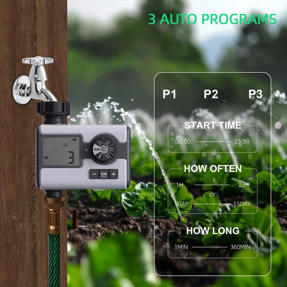 Programmable Garden Water Timer with Rain Delay & Manual/Auto Irrigation