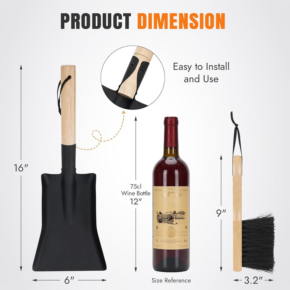 Ash Shovel & Hearth Brush Set - Fireplace Tools Set, Fire Pit Tools, Hearth T...