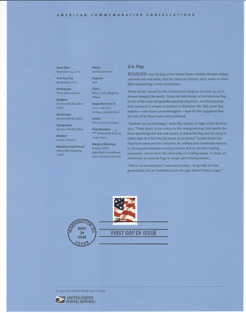 Scott #3629F...37 Cent...Flag...First Day of Issue...Panel