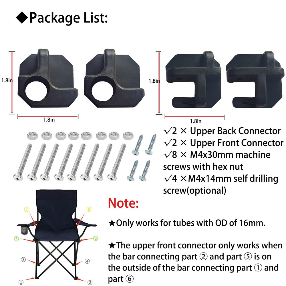 2 Pack Upper Back and 2 Pack Upper Front Camping Chair Repair Attachment