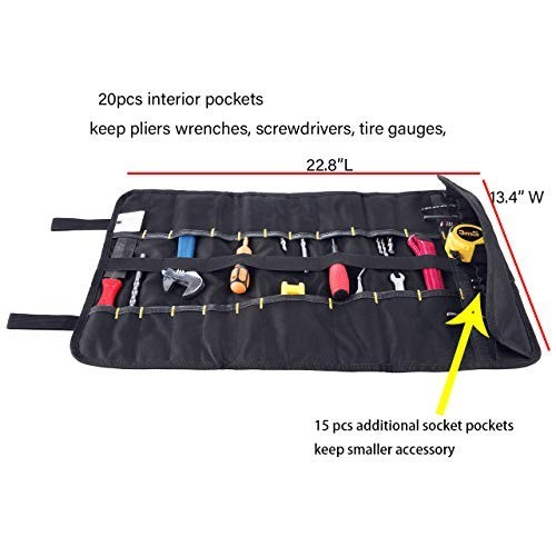 Durable Canvas Tool Roll Up Bag Organizer with Pouches for Wrenches, Sockets & M