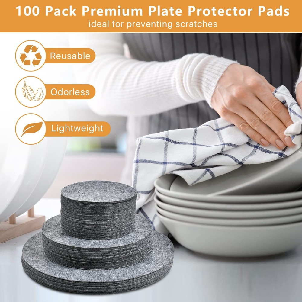 100 Pack Felt Plate Storage Dividers 3 Sizes Thick Round Dish Protectors Grey