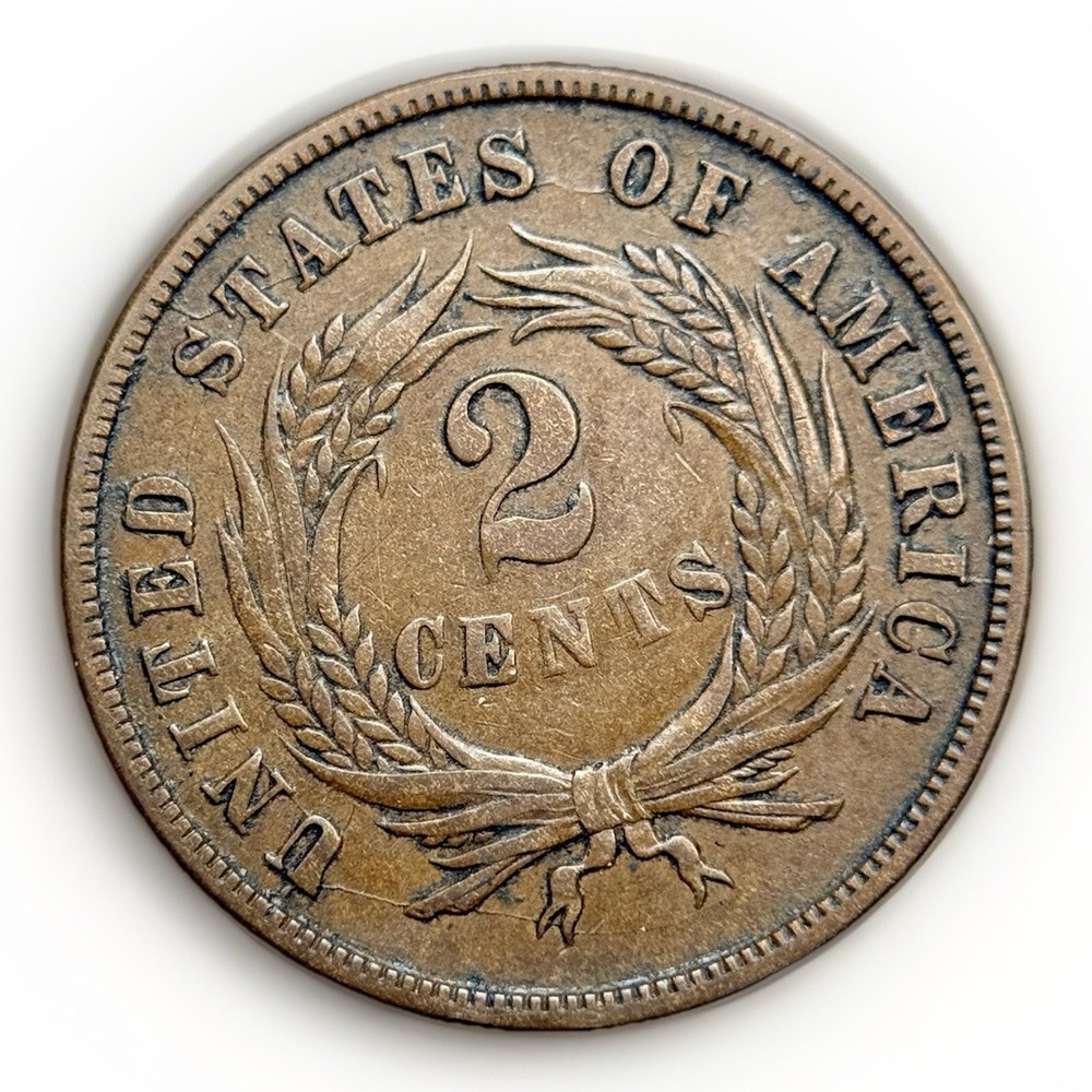 1865 2c Plain 5 Two Cent Piece XF EF Extra Fine US Copper Type Coin Rare Nice