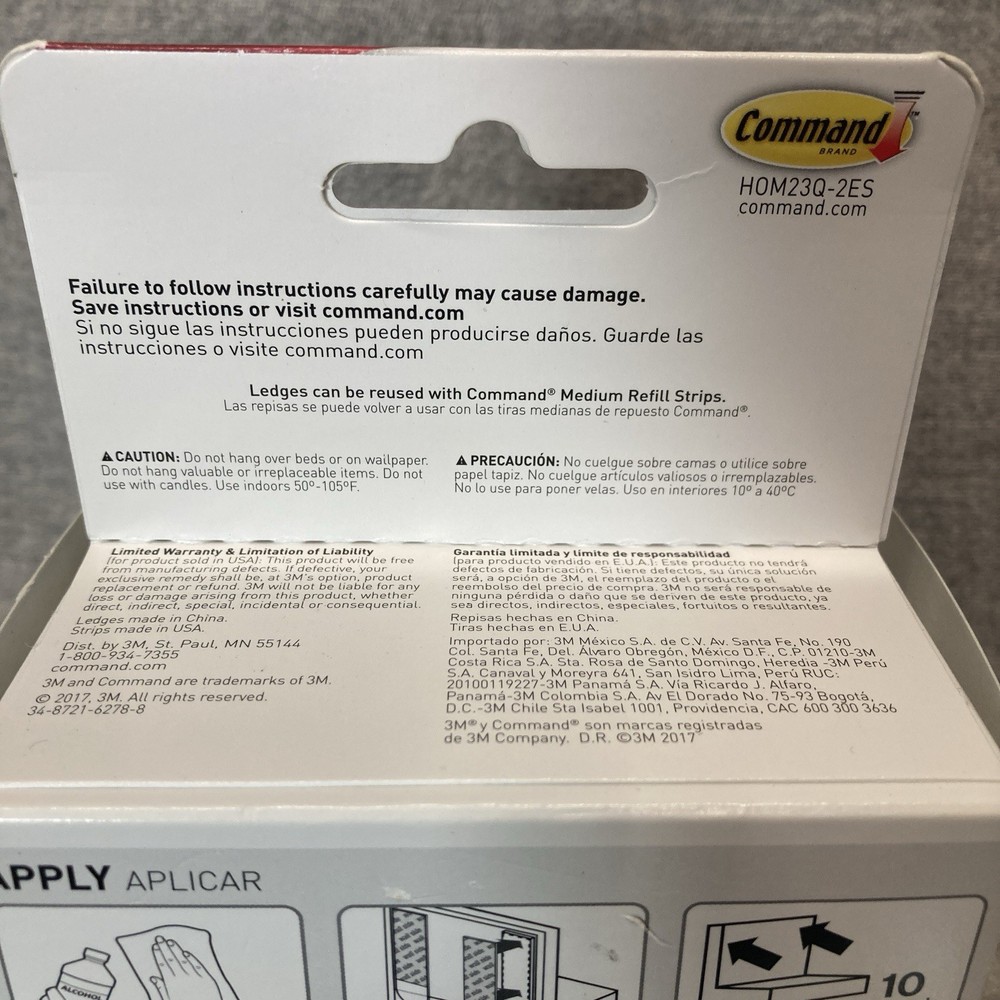 3M Command Display Ledges 2 Pack White New Wall Shelf Shelves Ledge Decor 2 Lbs