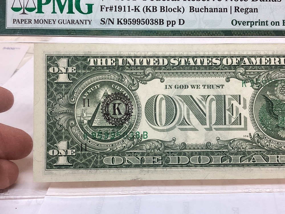 $1 1981 PMG 66 EPQ And 65 EPQ Consecutive Pair Overprint On Back Errors-2 Notes