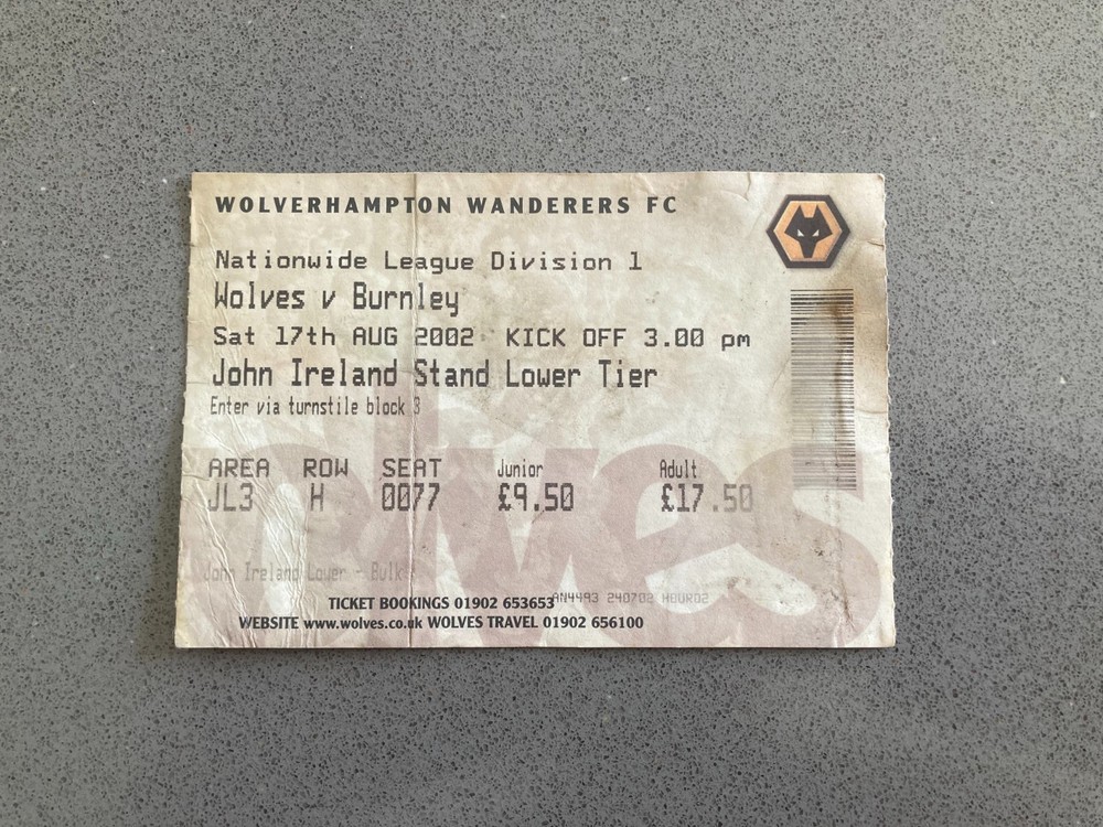 Wolverhampton Wanderers v Burnley 2002-03 Match Ticket