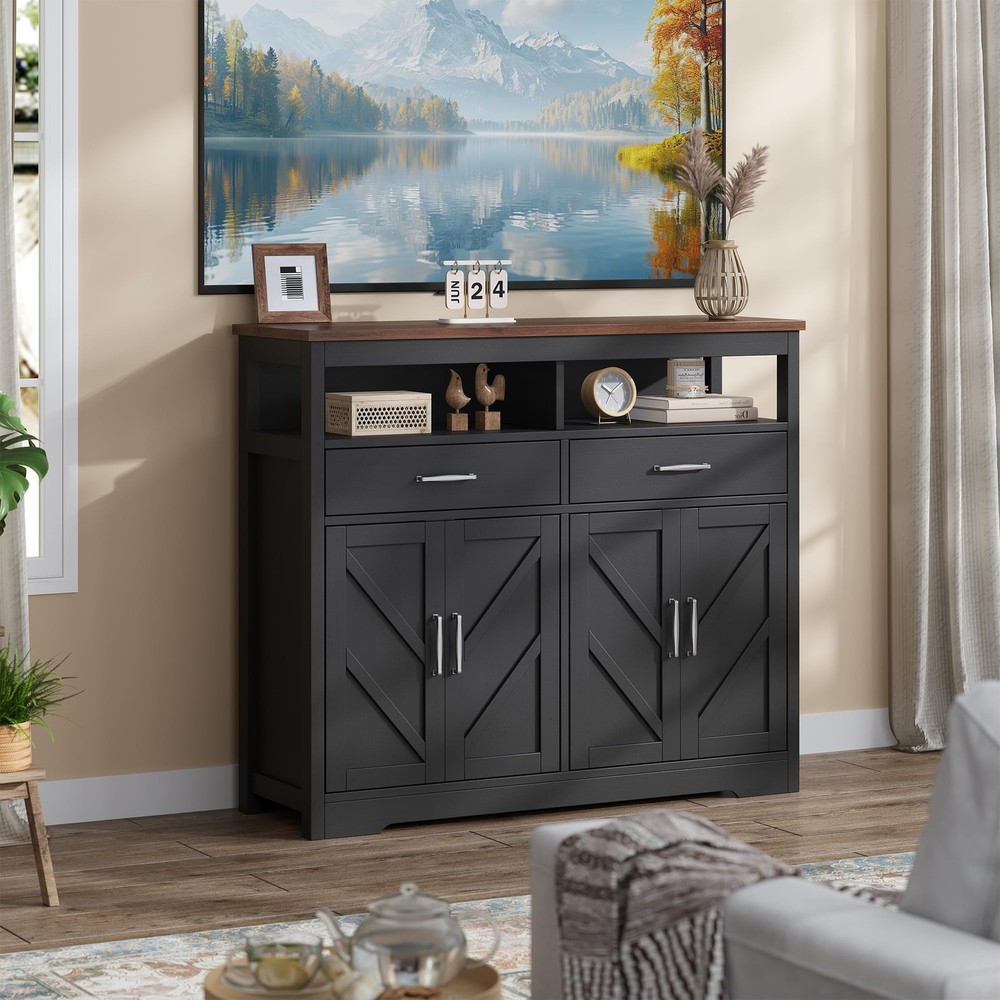 Buffet Sideboard with Storage Farmhouse with 4 Doors, 47'' Large Kitchen Stor...