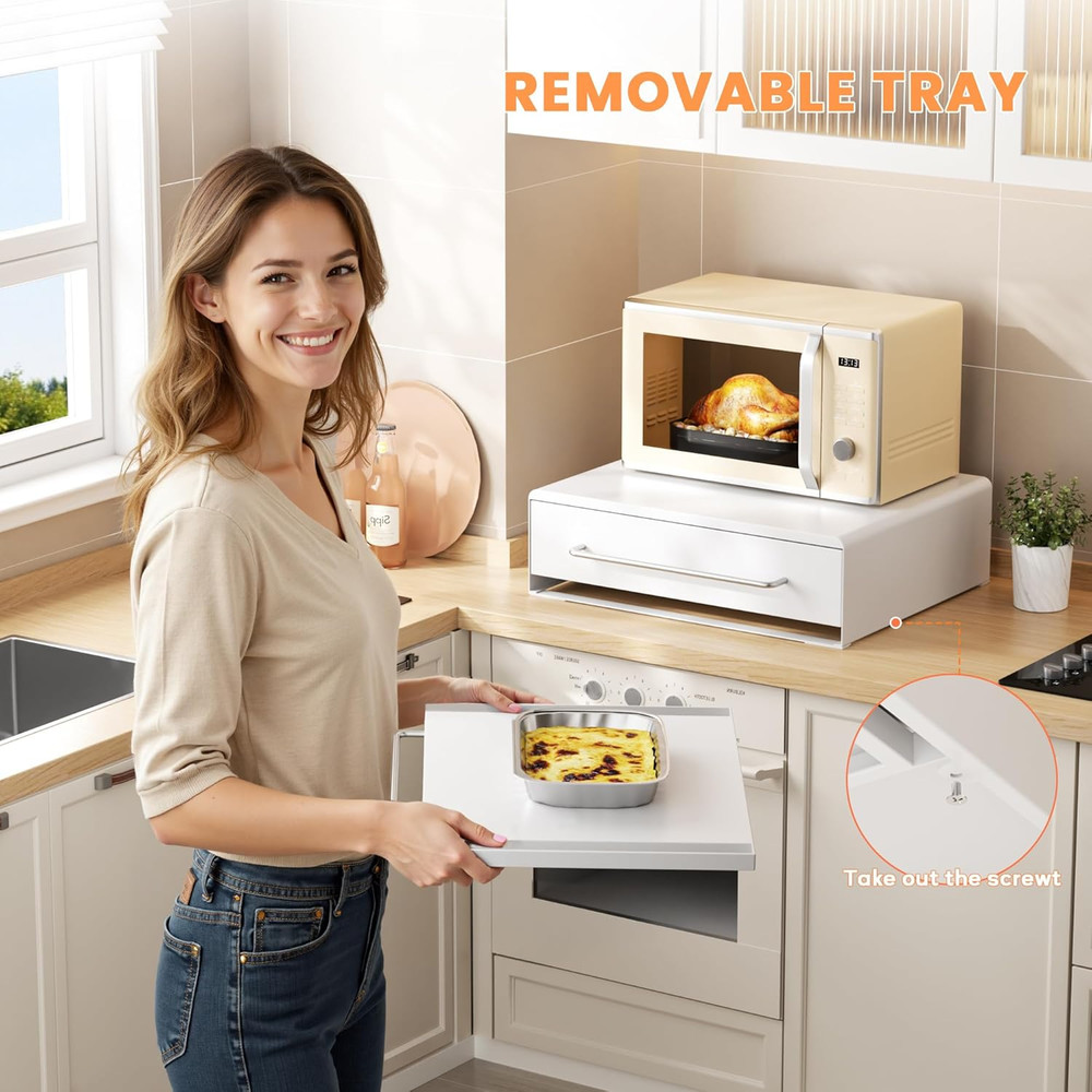 Space-Saving Microwave Stand with Drawer & Tray for Efficient Kitchen Storage