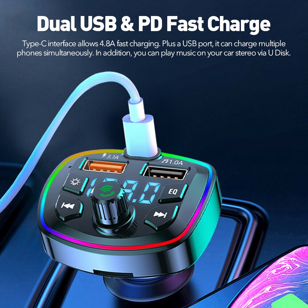 Car Kit Bluetooth 5.0 Wireless FM Transmitter Adapter 2USB PD Charger Hands-Free