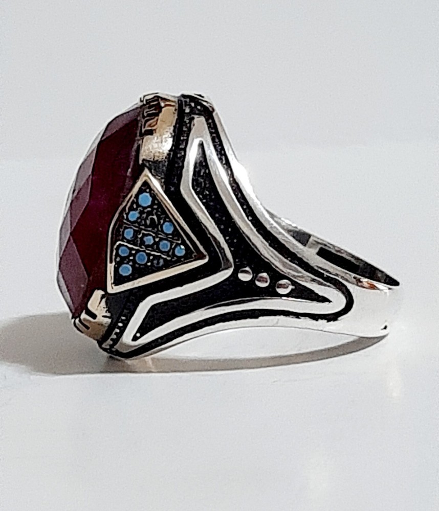 Mens 925 Ruby Turquoise Solitaire Silver Ring Man Sterling $