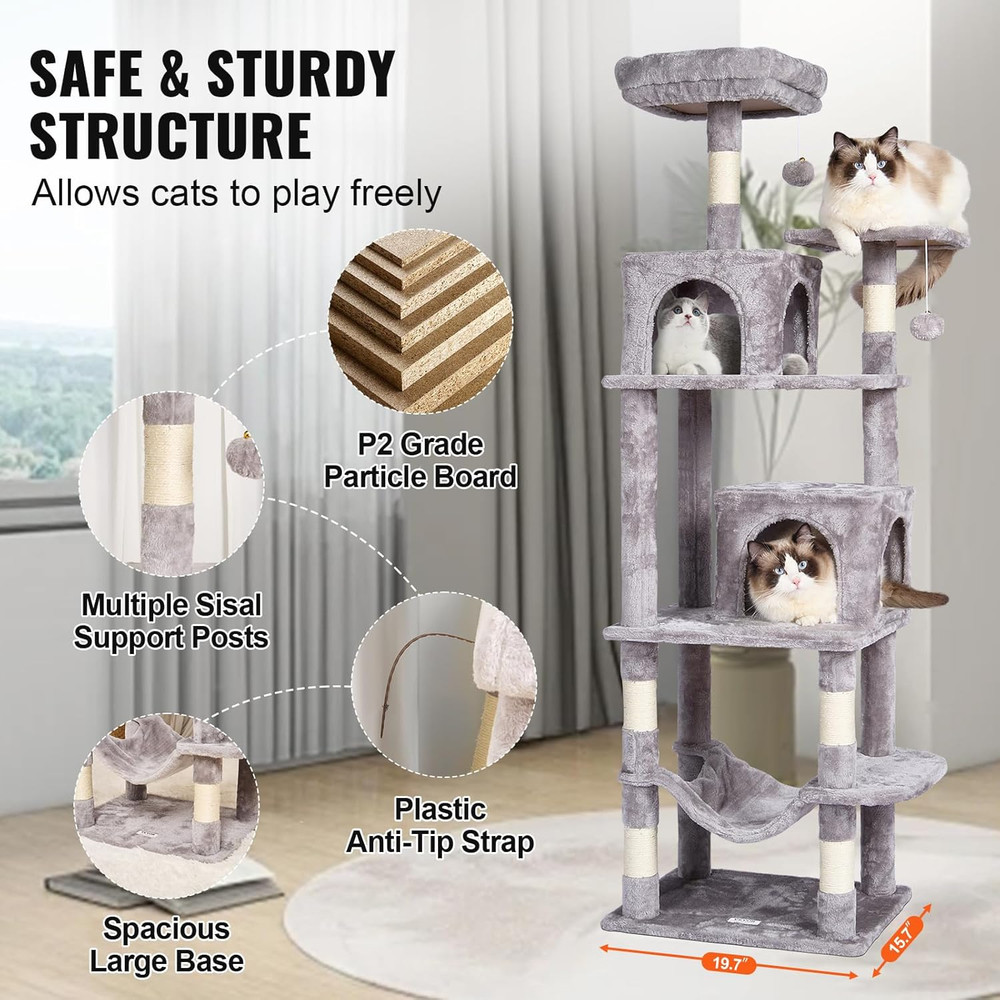 Deluxe 63" Cat Tree with Condos, Hammock, Scratching Post & Perch - Light Grey