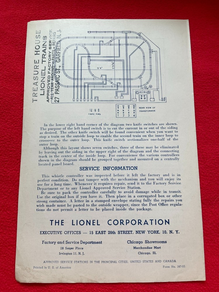 C8 LIONEL POSTWAR 167 WHISTLE CONTROLLER OPERATING INSTRUCTIONS 1955