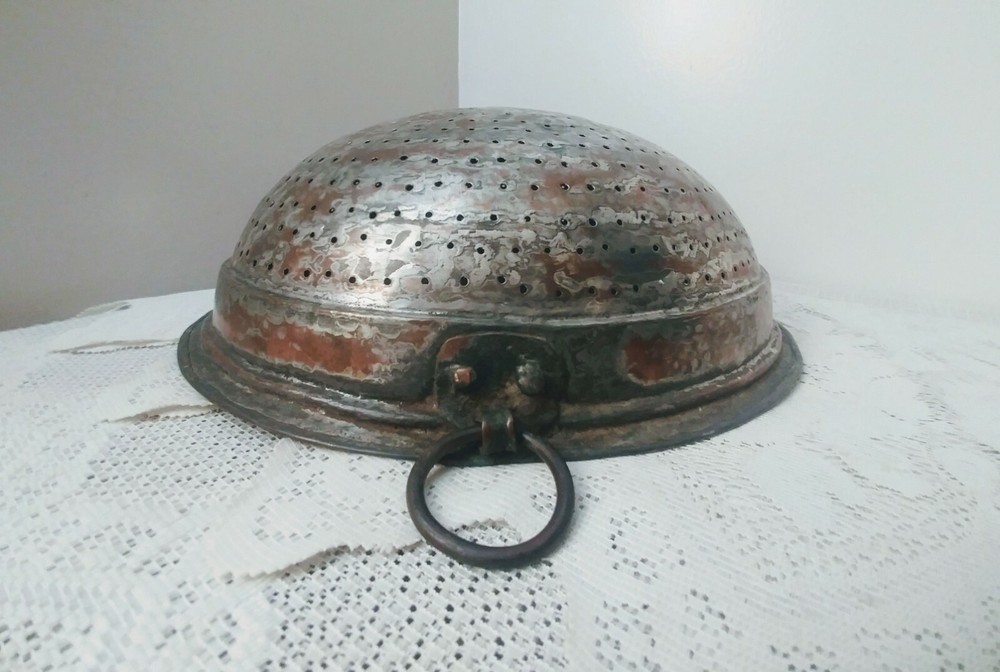 Antique Primitive Hand Hammered Large Copper Strainer / Colander w/Hanging Ring