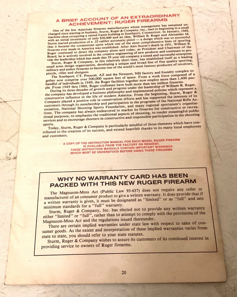 ORIGINAL STURM RUGER & CO INSTRUCTION MANUALS