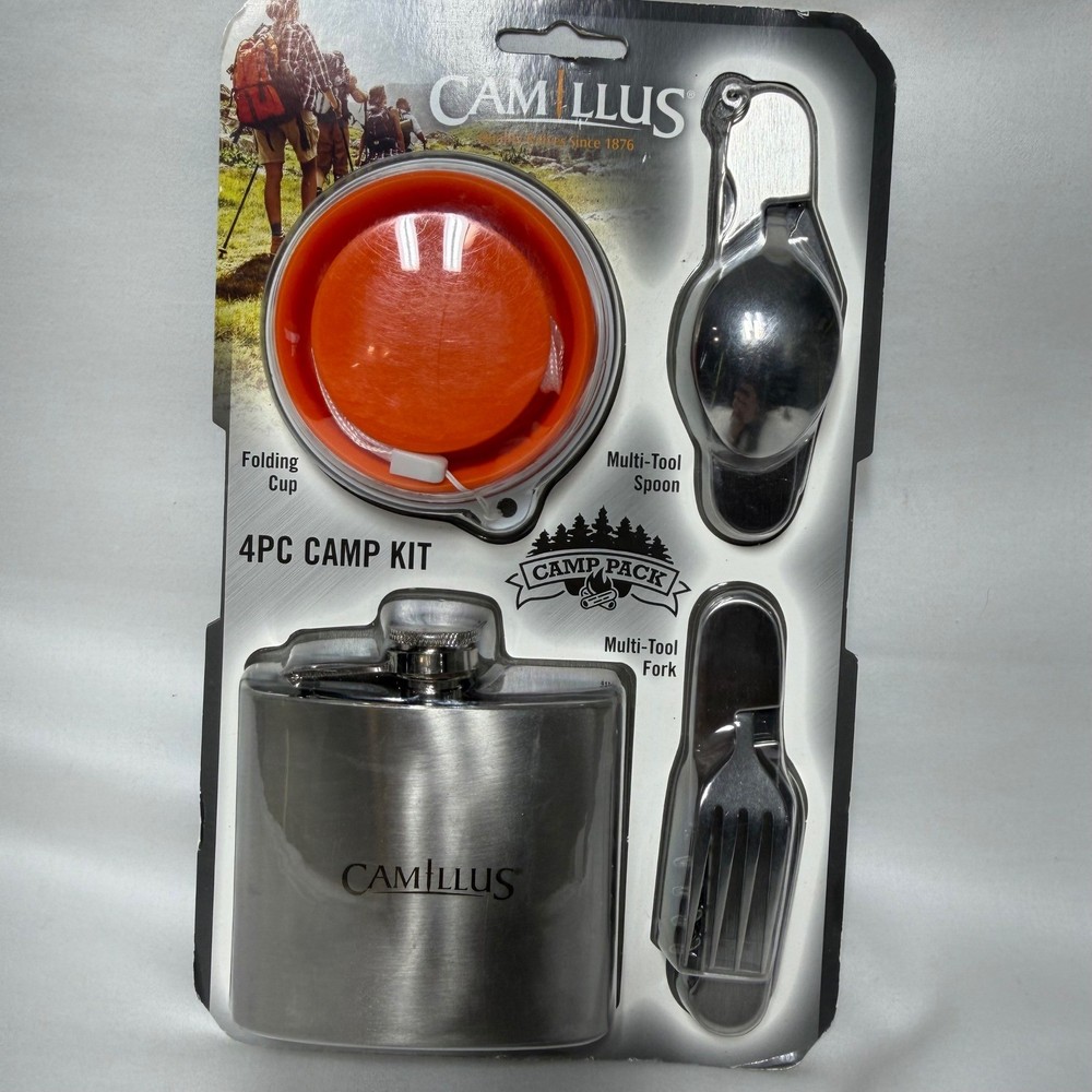 Camillus 4PC Camp Pack Kit Stainless Steel 5oz Flask Folding Cup Multi-Tool