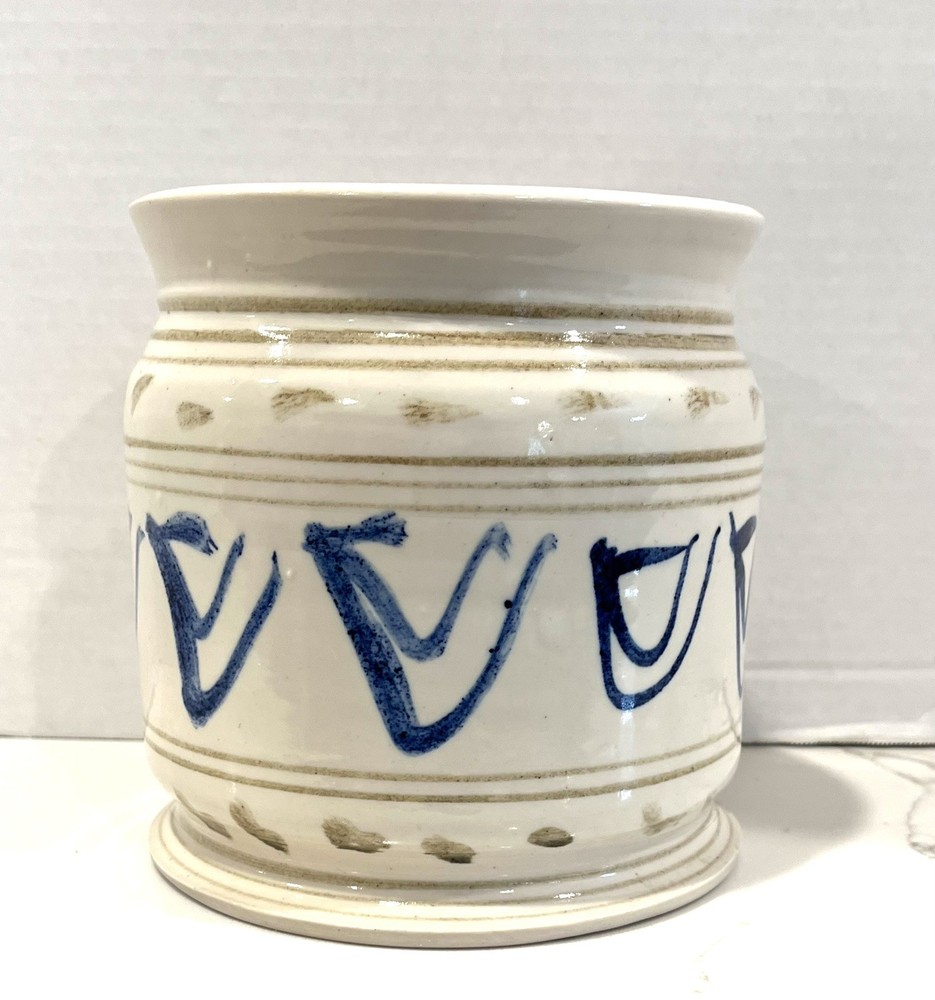 Hand Thrown Studio Pottery Footed Planter Blue White Ceramic Rustic Farmhouse 6"
