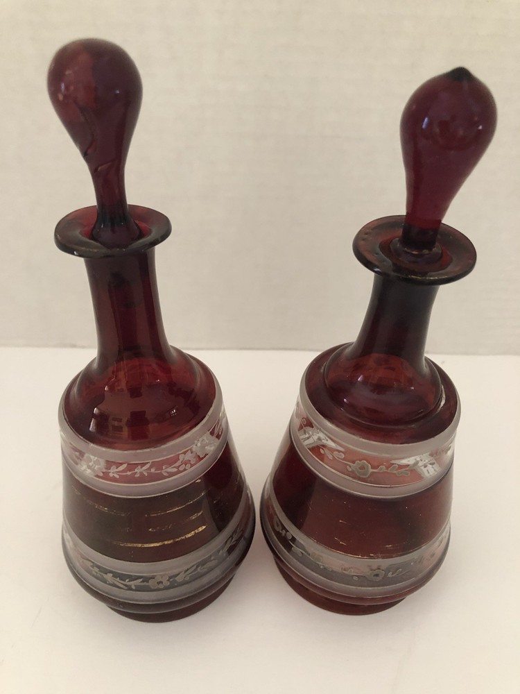 Antique Bohemian Hand Blown Ruby Red Perfume Scent Bottles Pair