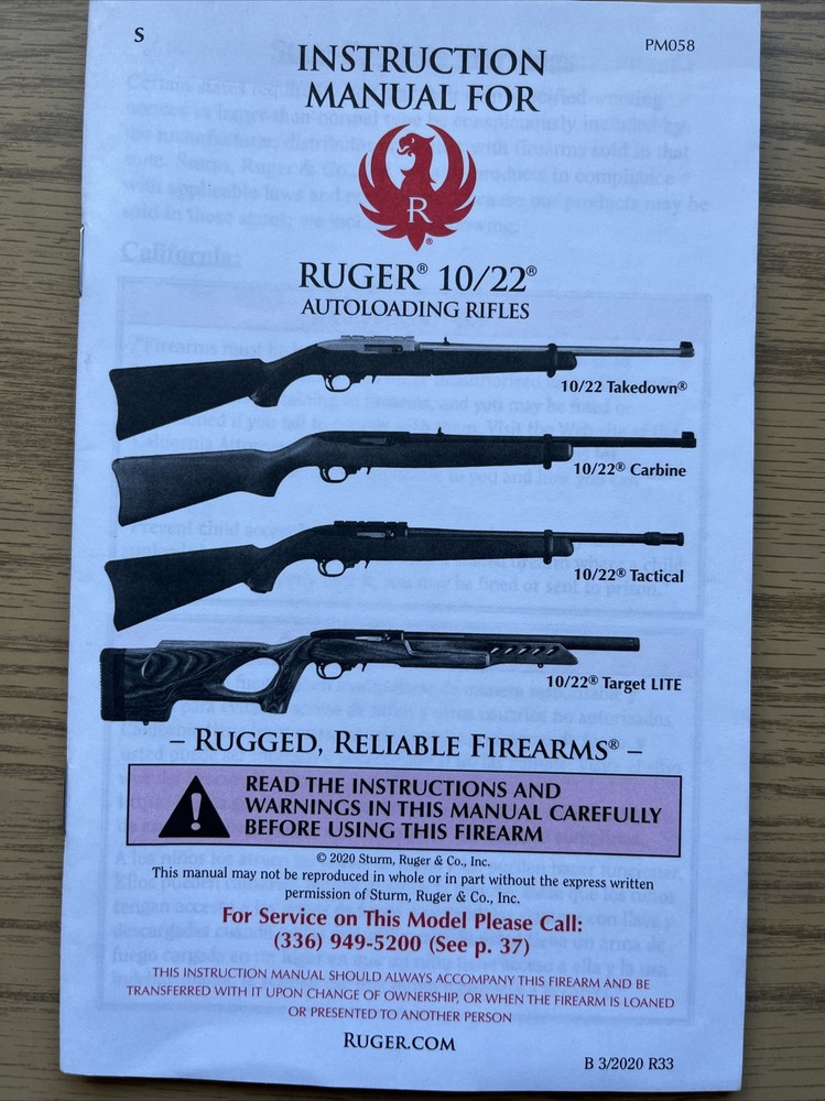 2020 RUGER 10/22 OWNERS MANUAL