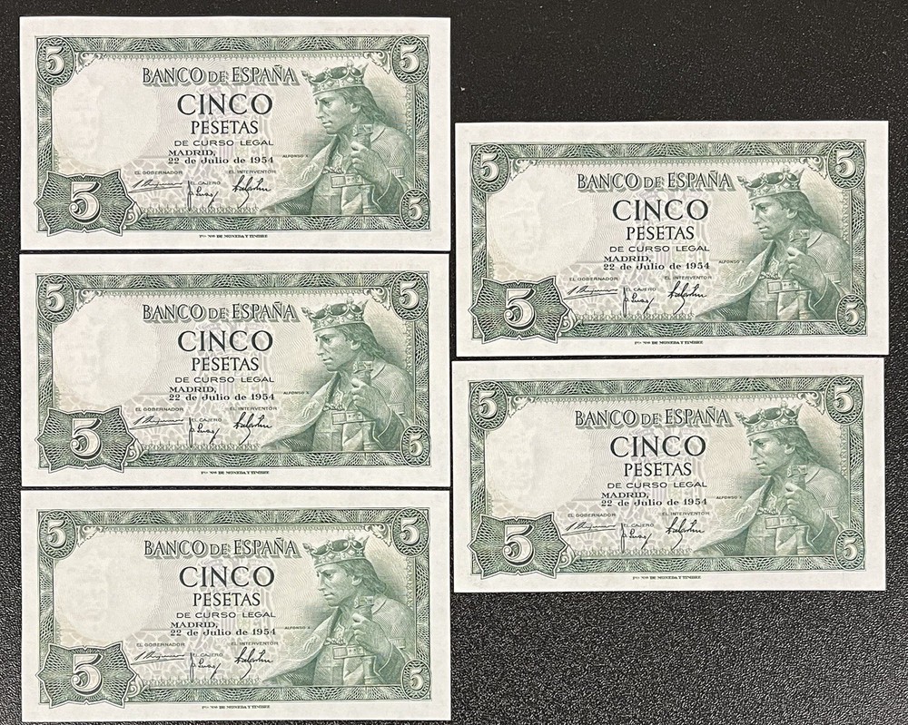 5 Consecutive Banknotes - Spain 5 Pesetas 1954 Uncirculated #66850
