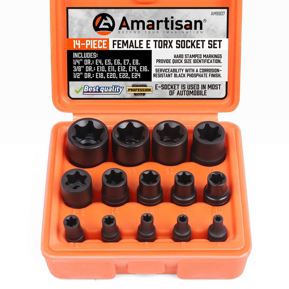 14 Pc Female E-Torx Star Socket Set/Rail, 1/4" 3/8" 1/2" Drive, E24 External ...