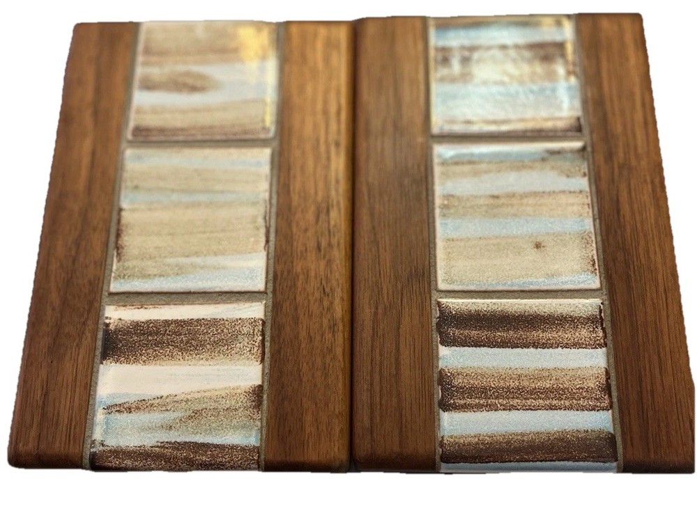 Gordon Jane Martz For Marshall Studios Ceramic Tile Walnut Bookends MCM 1960s