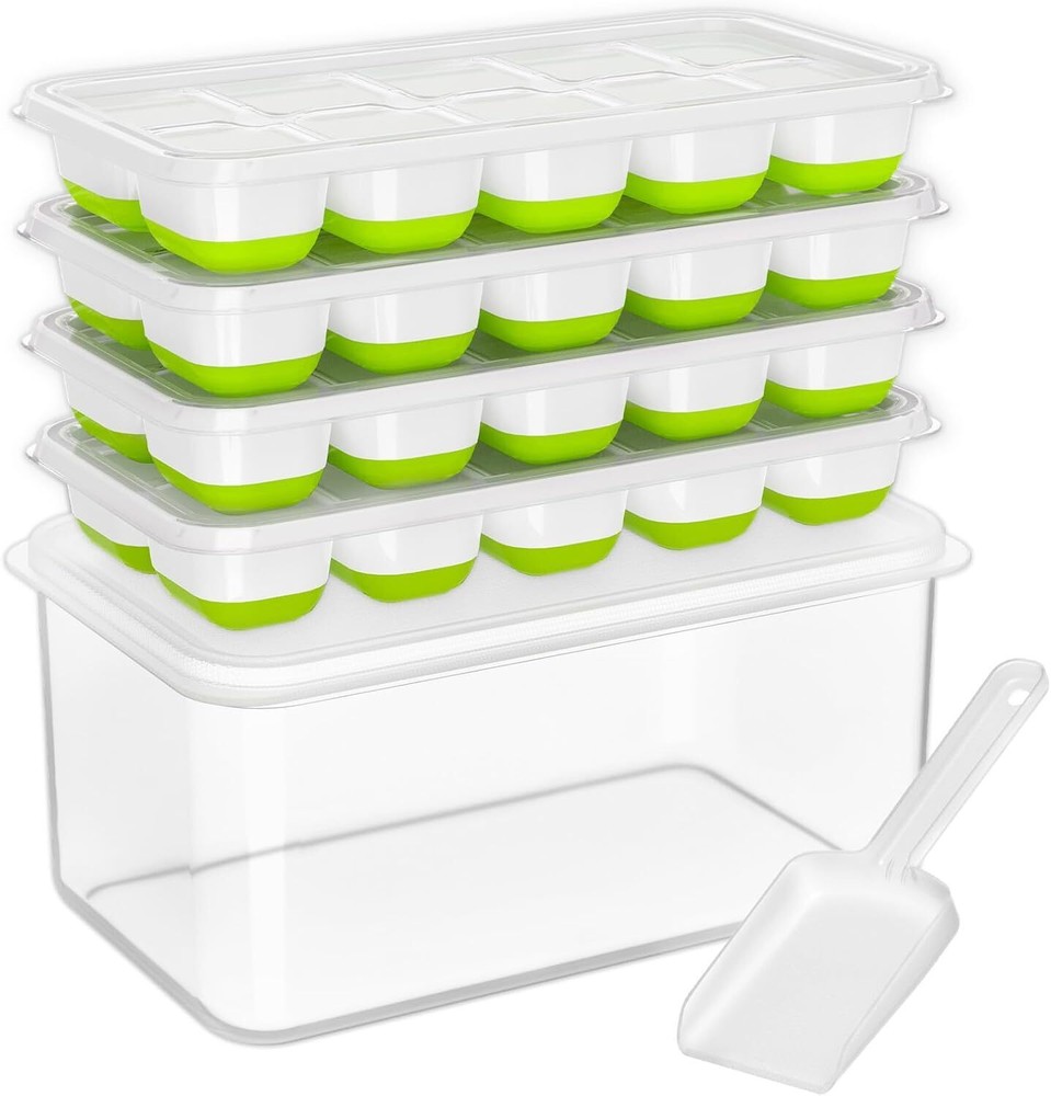 Ice Cube Tray with Lid Bin 4 Pack Silicone Plastic Ice Cubes Trays for Freezer