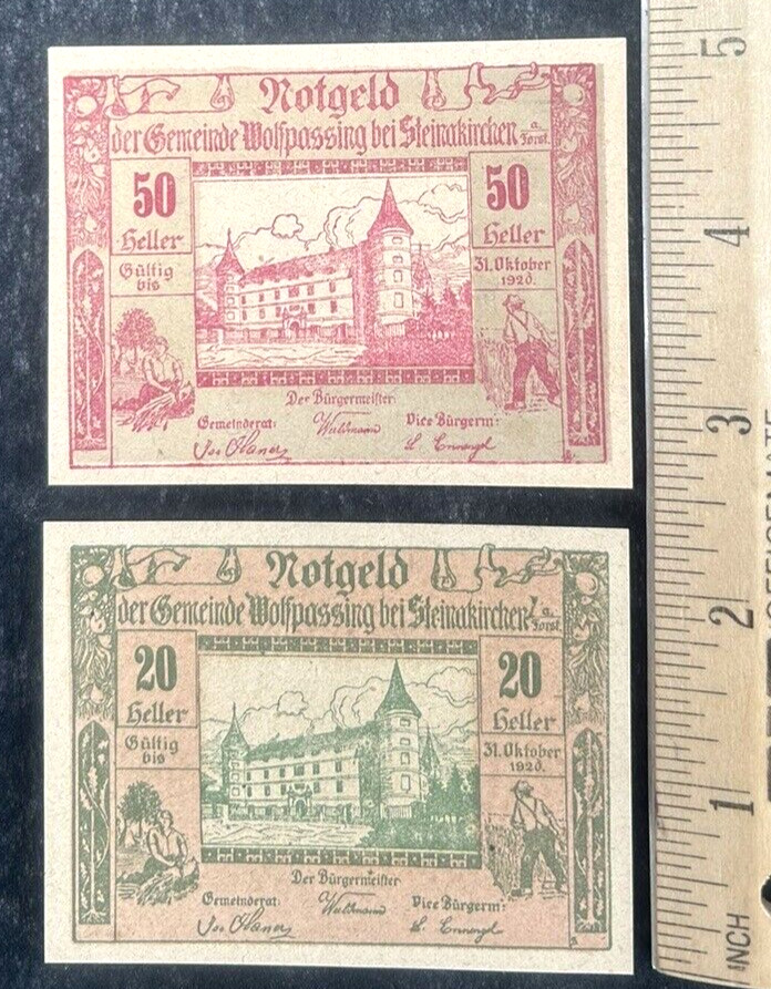 1920 German Notgeld Wolfpassing bei Steinakirchen 20 & 50 Heller Uncirculated