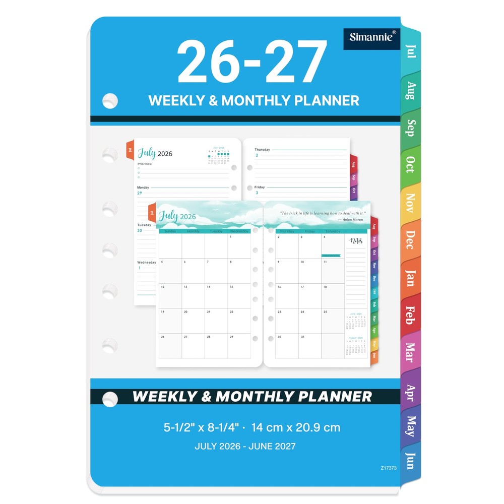 2026-2027 Planner Refills - A5 Inserts with 7-Hole Punched, A5, Blue