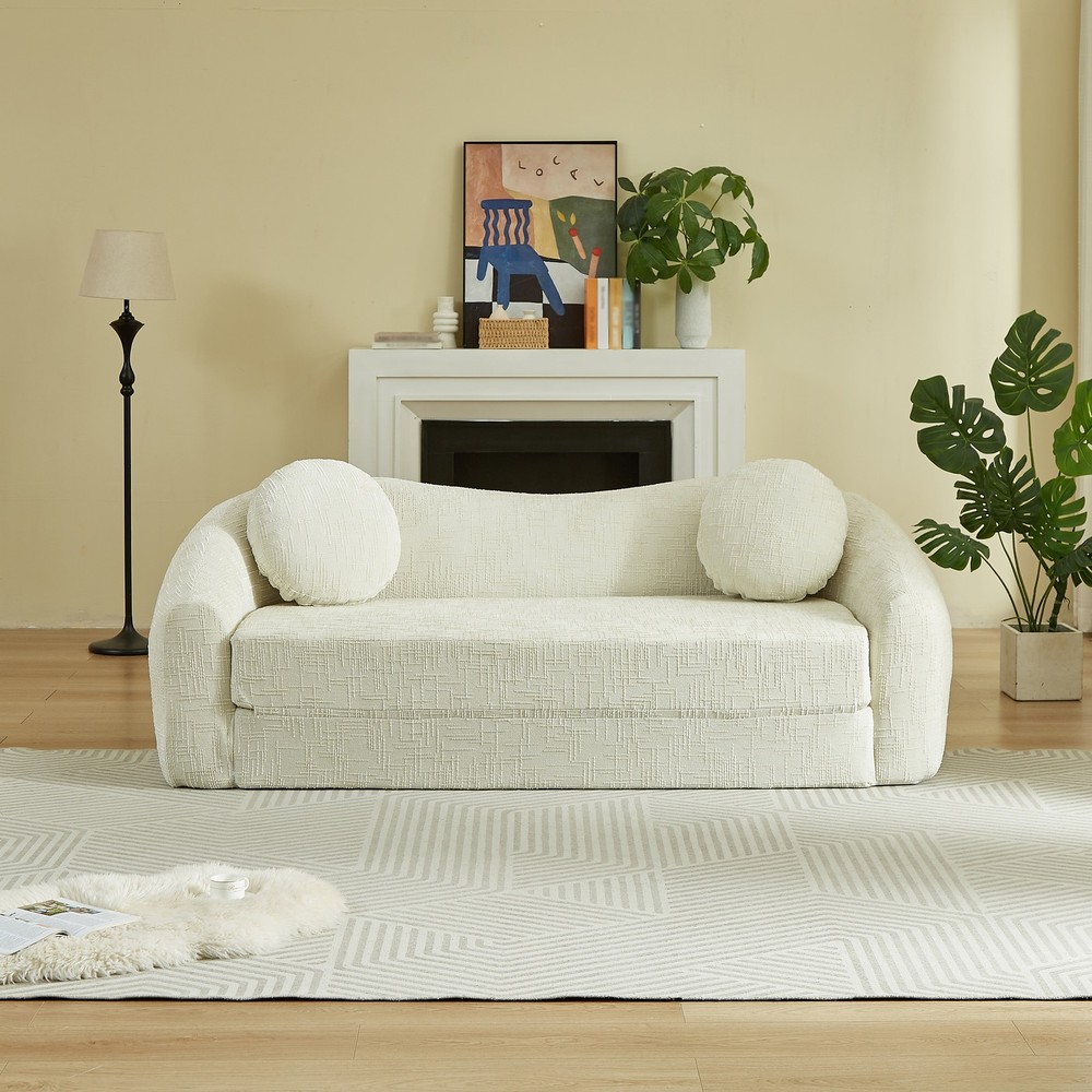 Curved Convertible Sofa Bed Folding Recliner Chenille Beige Sleeper