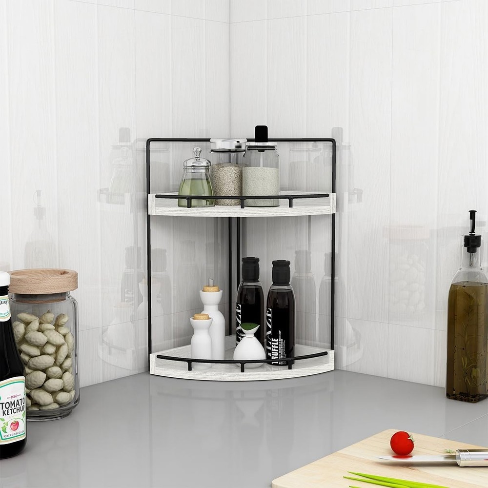2-Tier Rustic White Corner Bathroom Shelf