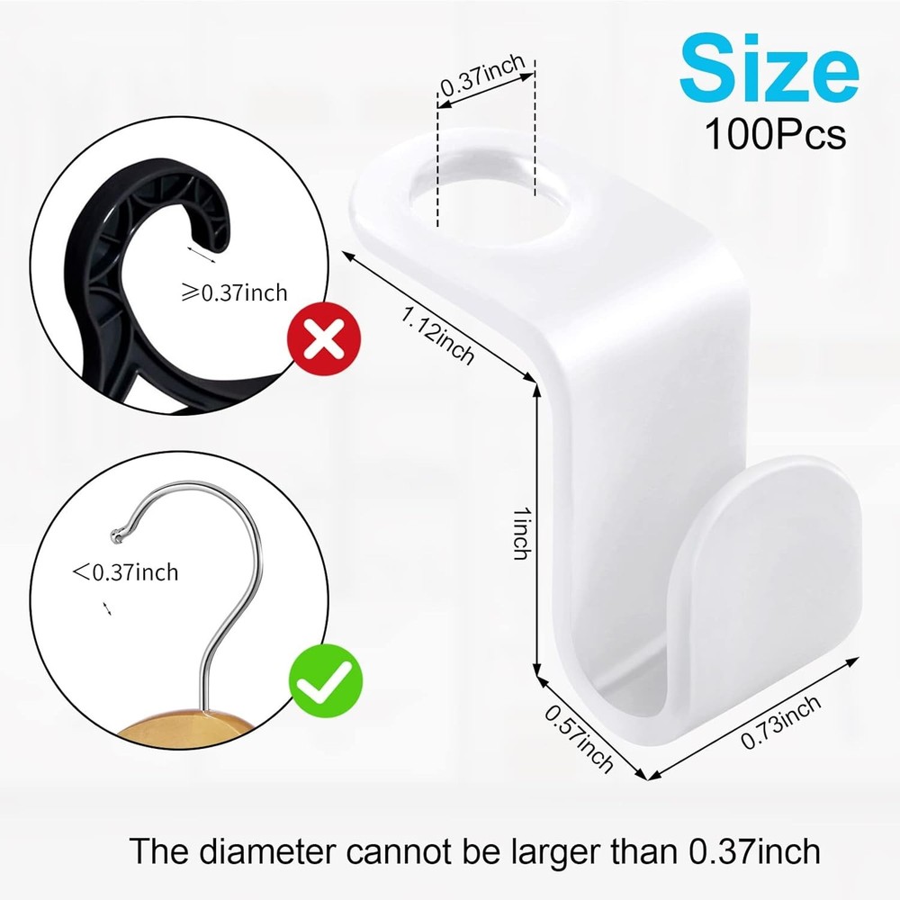 100 PCS Space Saving Hanger Hooks & Clips Plastic Hangers White)